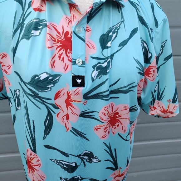Bad Birdie Never Lei Up Floral Golf Polo Shirt Mens M Teal Hawaiian - Picture 2 of 8